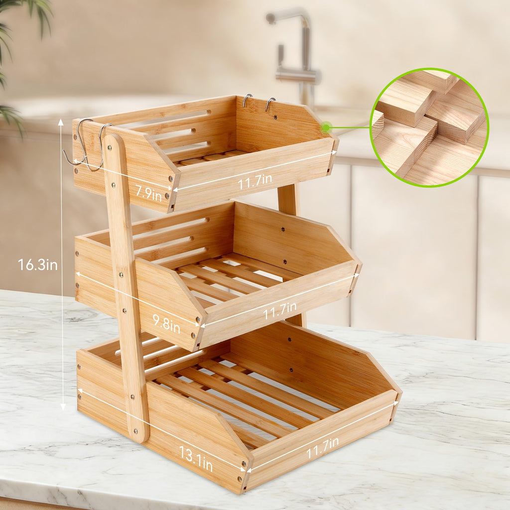 3 Tier Bamboo Fruit Basket with 2 Banana Hangers L37023