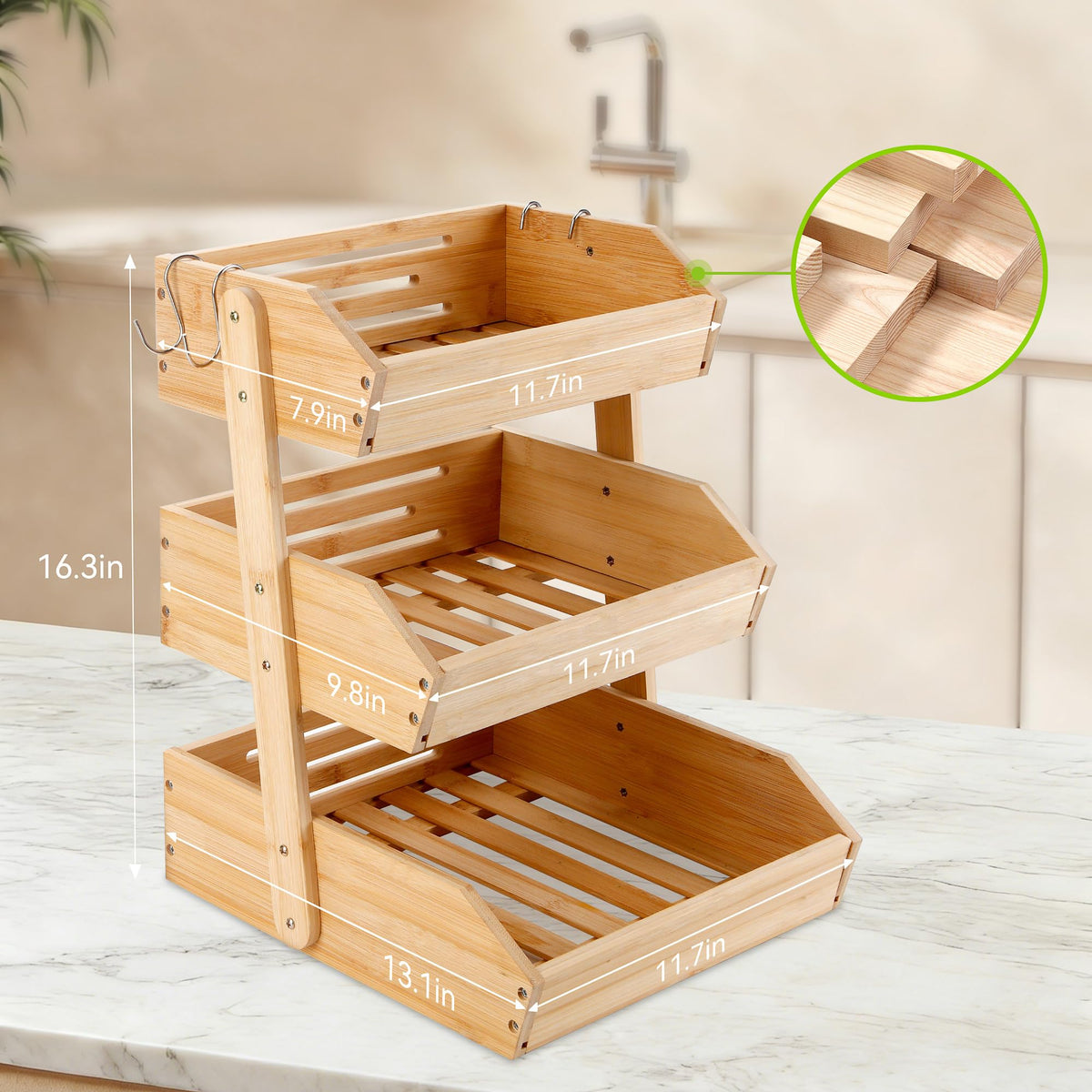3 Tier Bamboo Fruit Basket with 2 Banana Hangers L37023