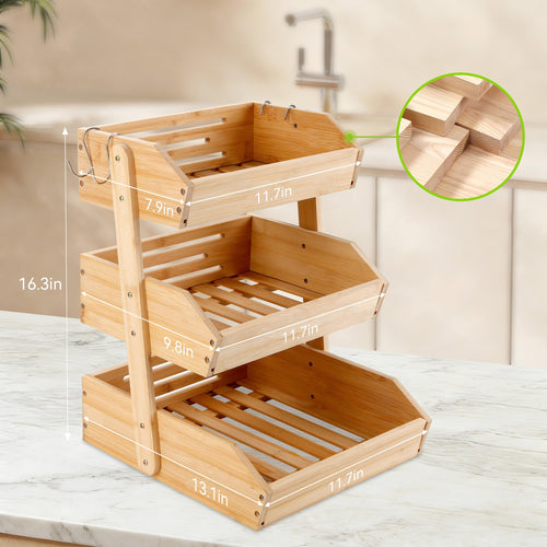 3 Tier Bamboo Fruit Basket with 2 Banana Hangers L37023