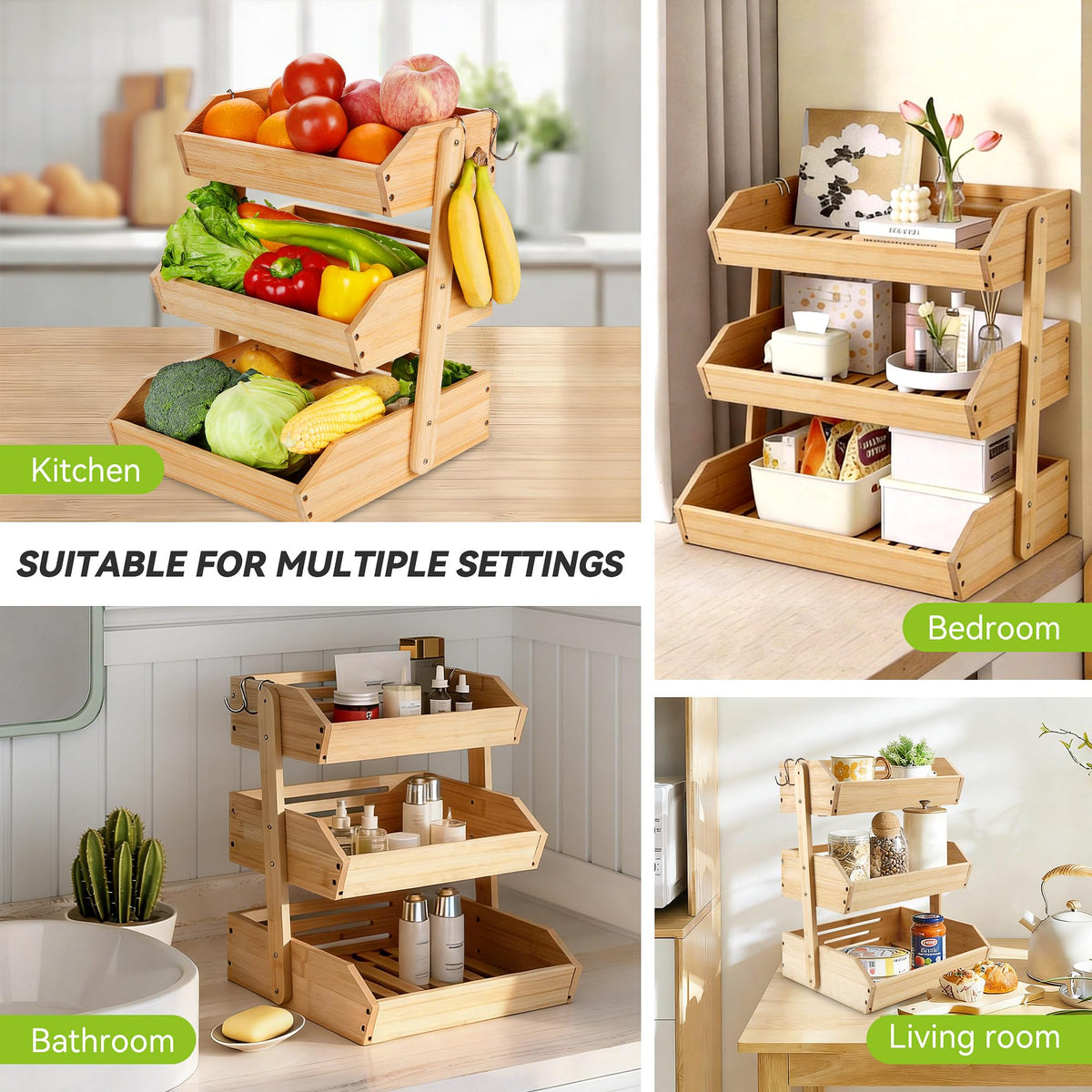 3 Tier Bamboo Fruit Basket with 2 Banana Hangers L37023