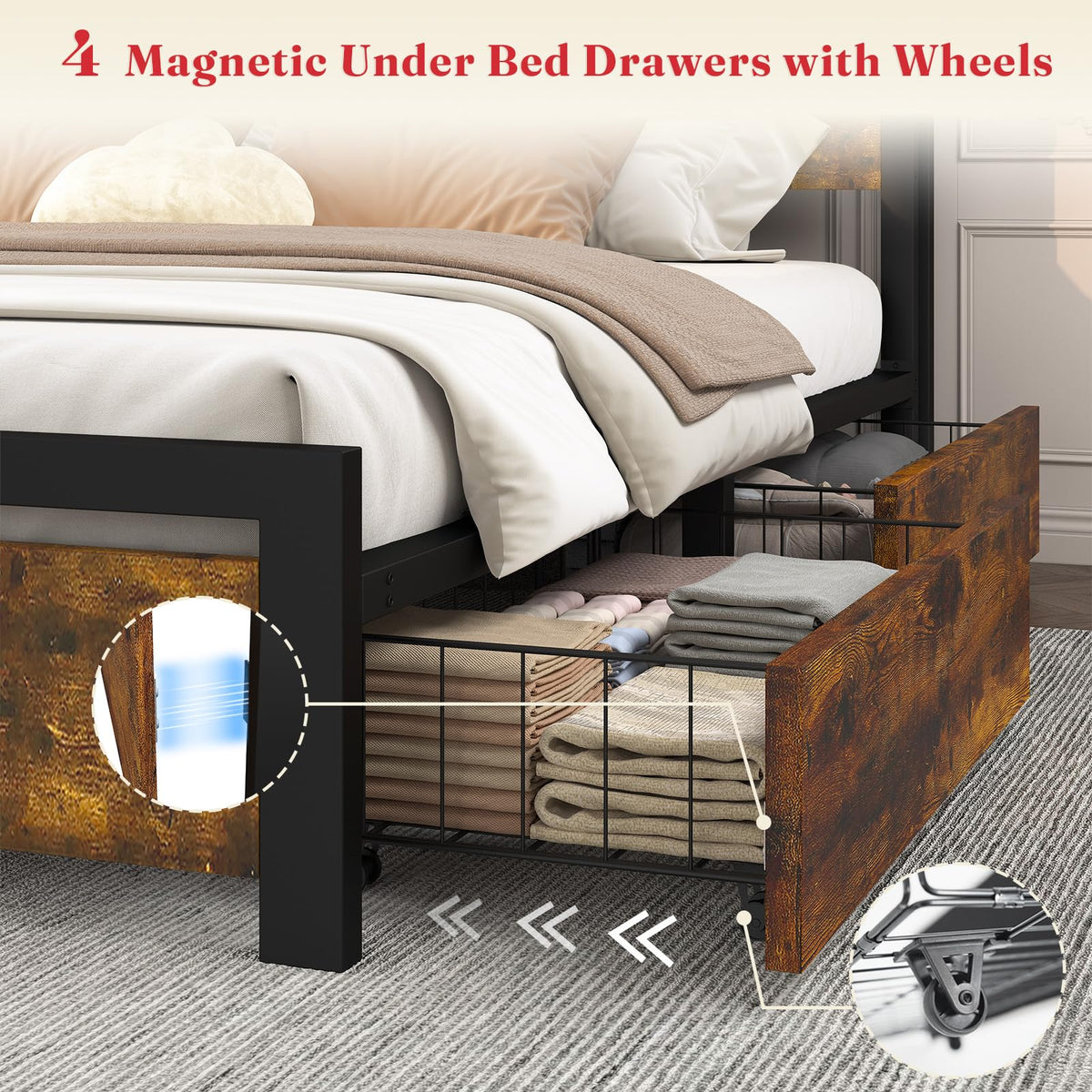 King Size Storage Bed Frame with 4 Drawers, Metal Bed Frame with Headboard Charging Station & Led Lights, Heavy Duty Platform Bedframe, No Box Spring Needed, Noise Free, Easy Assembly, Brown N5740
