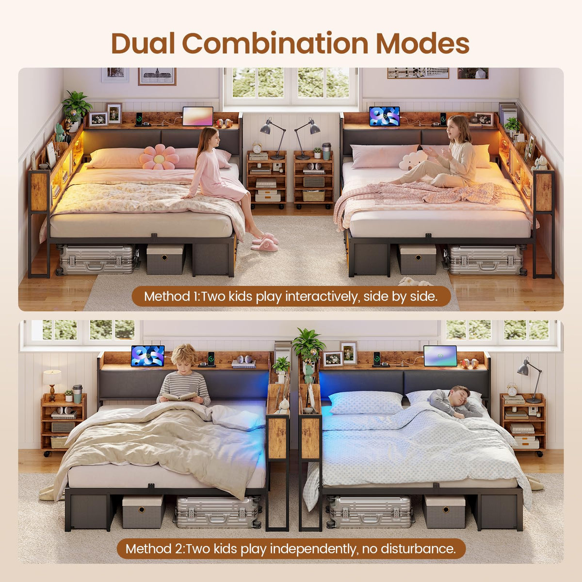 Full Corner Bed Frame with Bookcase Hidden Storage Pull-Out Cabinet Charging Station J1449