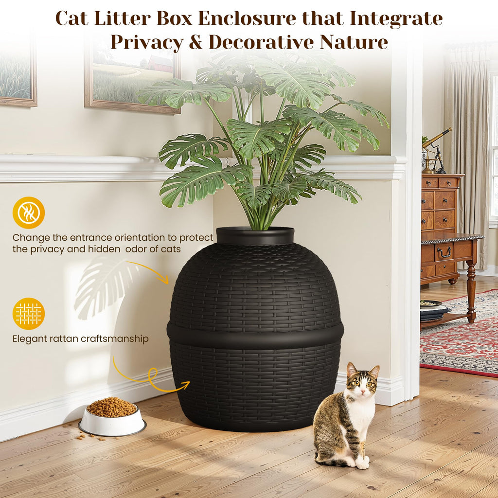 Black Large Cat Litter Box with Faux Plant K944908