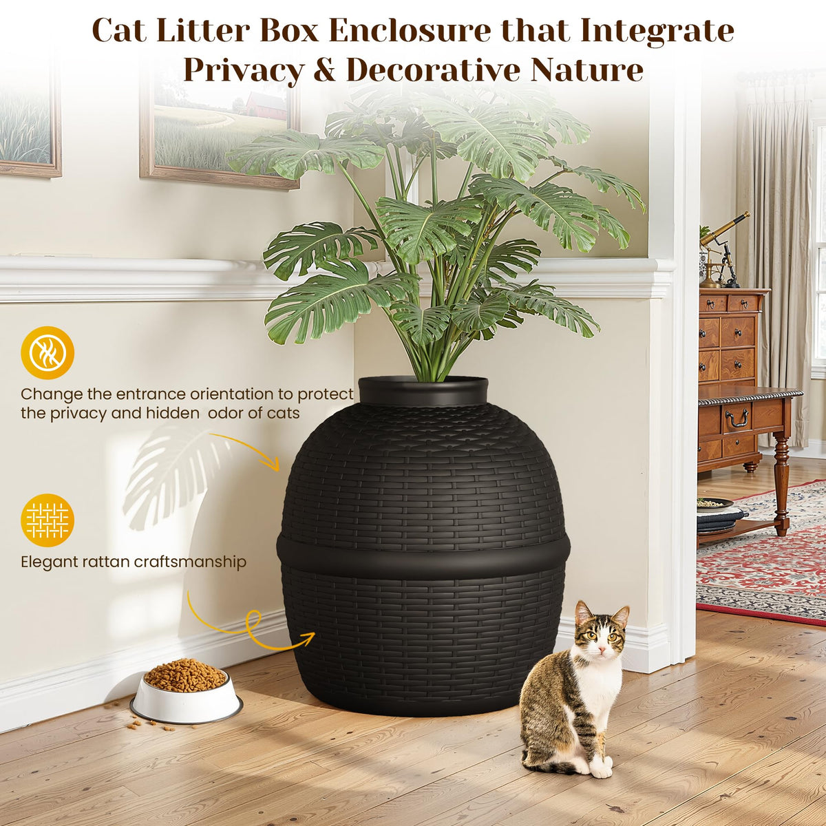 Black Large Cat Litter Box with Faux Plant K944908