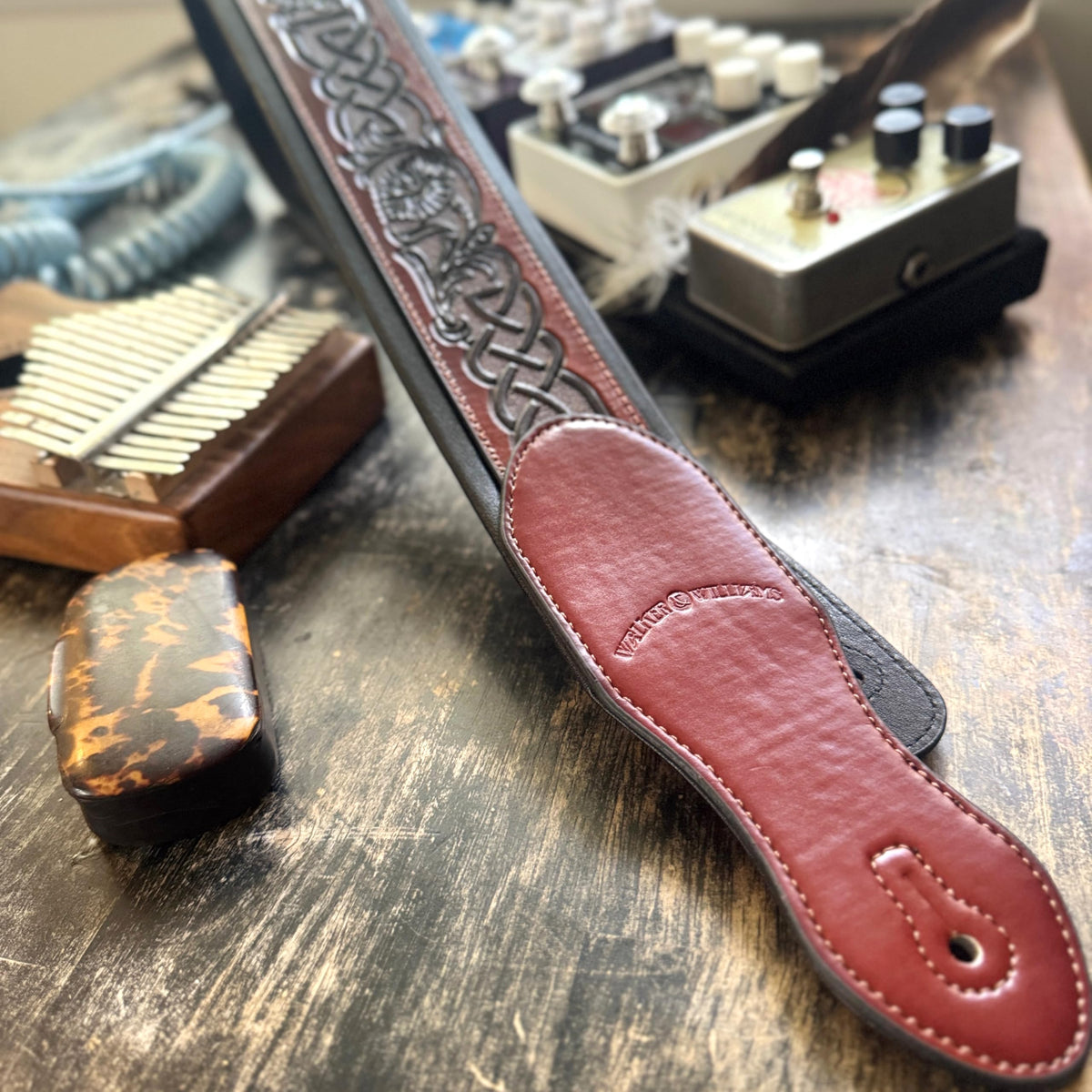Whiskey Tan and Brown Full Grain Carving Leather Padded Guitar Strap C384