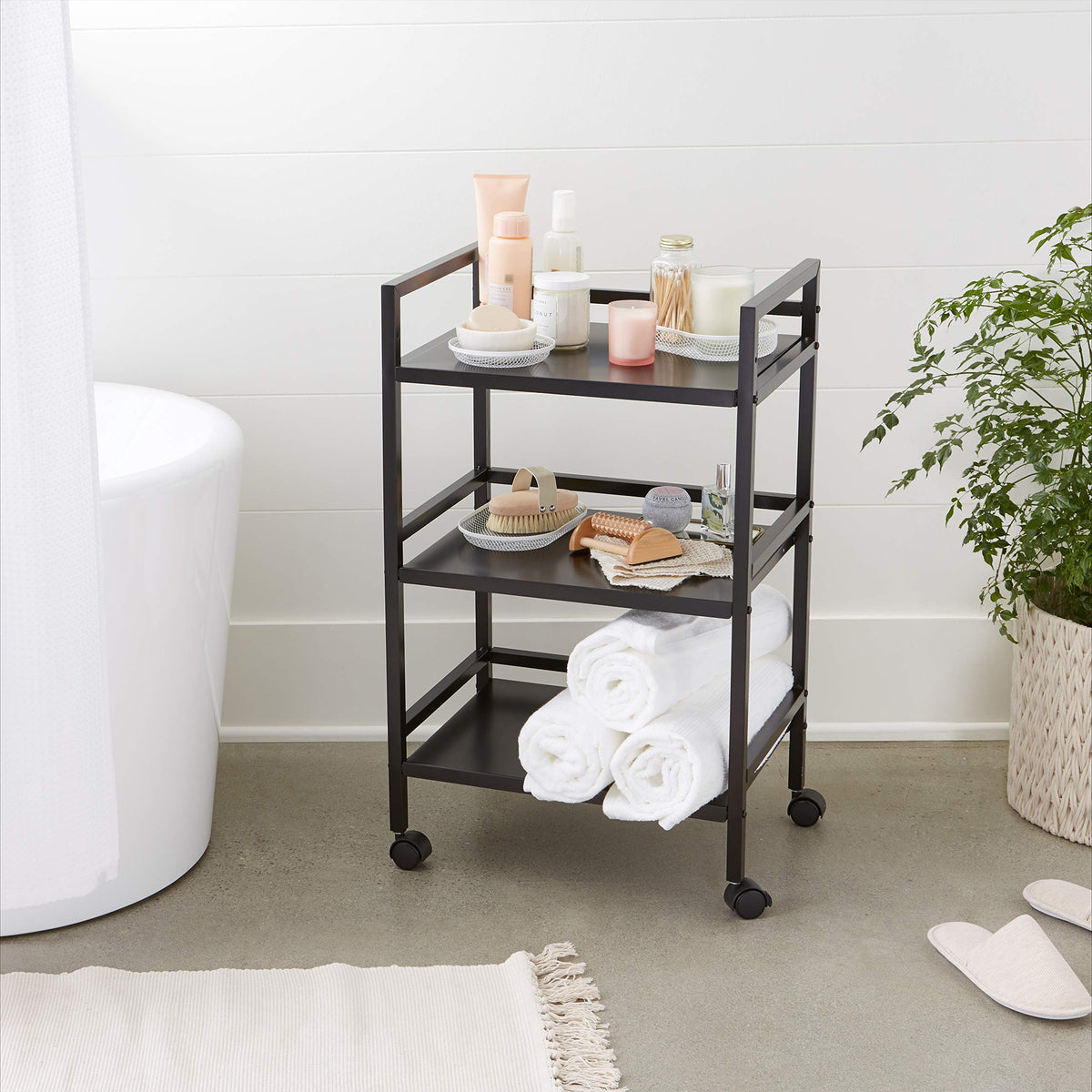 3-Tier Black Metal Rolling Utility Cart N6705