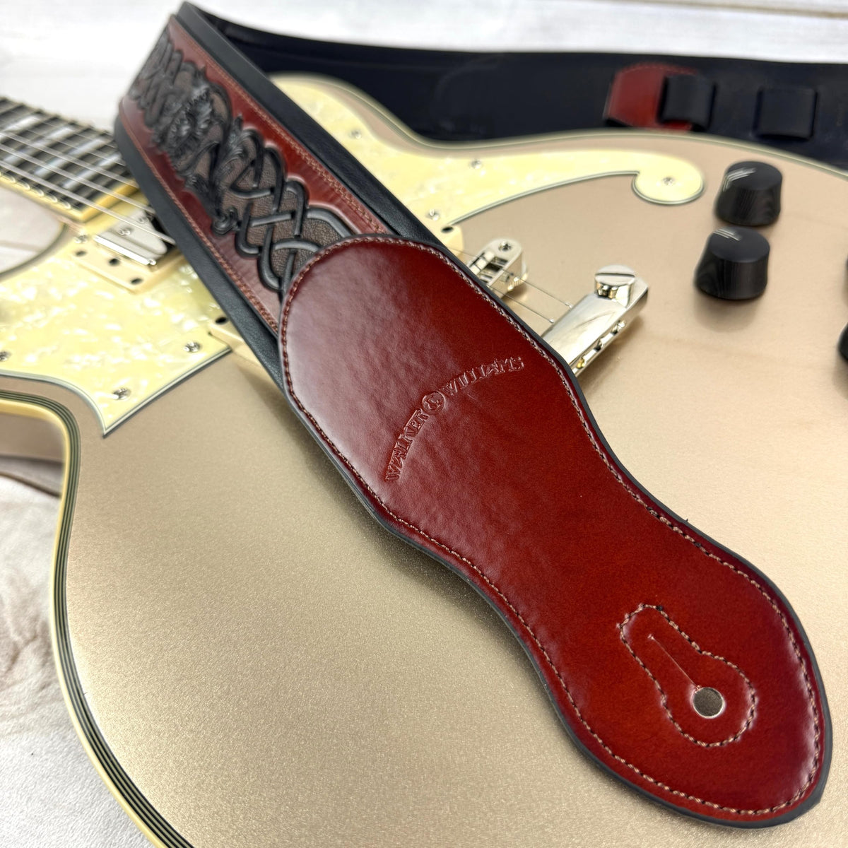 Whiskey Tan and Brown Full Grain Carving Leather Padded Guitar Strap C384