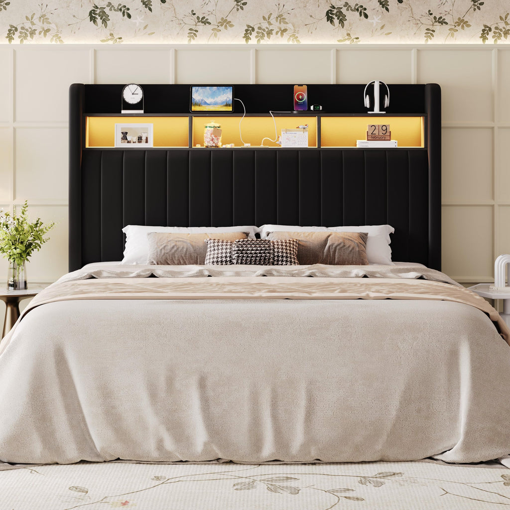 Full Size Velvet Upholstered Platform Bed Frame with Storage Shelf M10303
