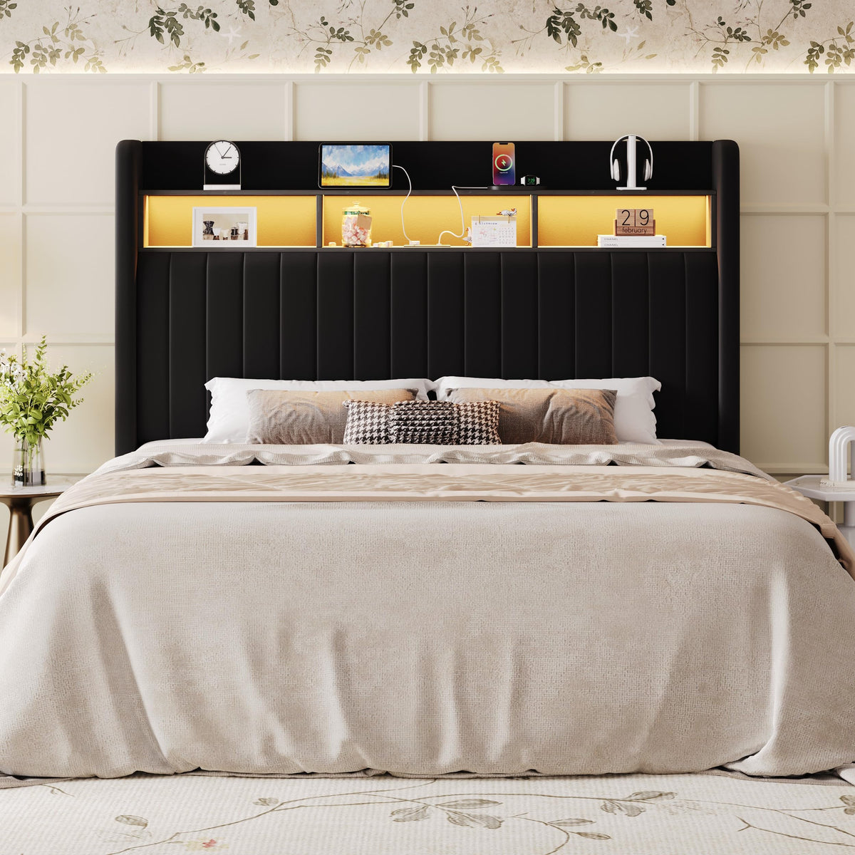 Full Size Velvet Upholstered Platform Bed Frame with Storage Shelf M10303