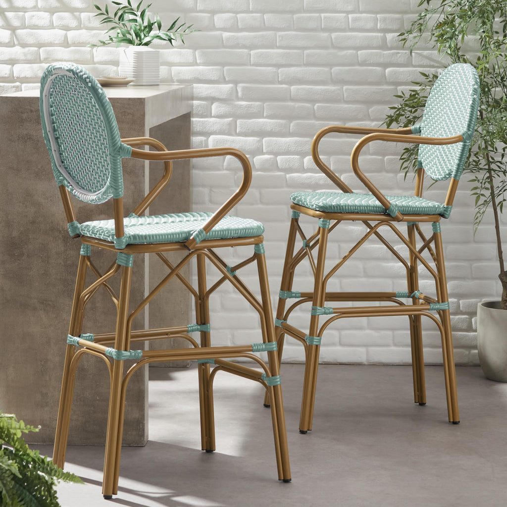 Teal Bamboo Print Wicker Aluminum Bar Stools Set of 2 I690