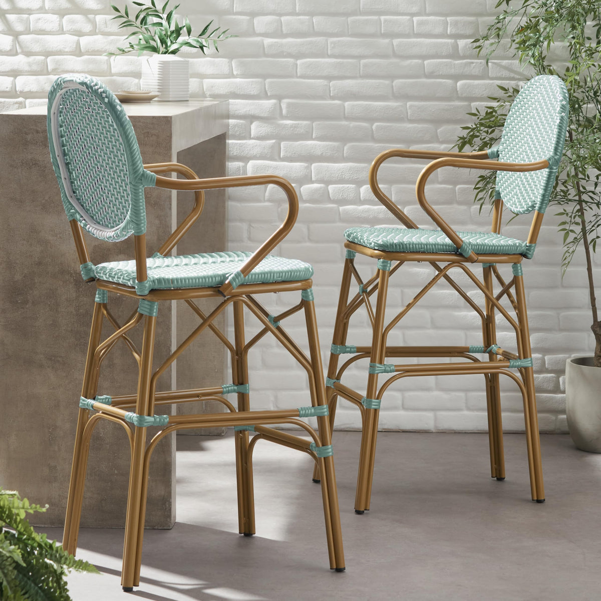 Teal Bamboo Print Wicker Aluminum Bar Stools Set of 2 I690