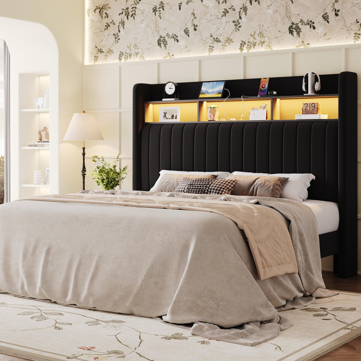 Full Size Velvet Upholstered Platform Bed Frame with Storage Shelf M10303