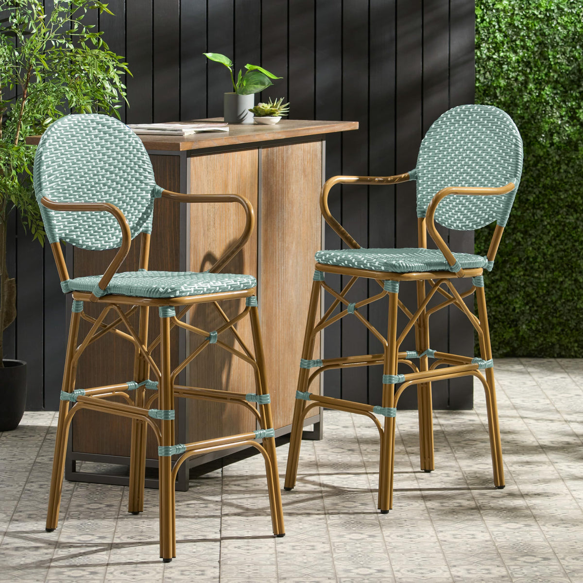 Teal Bamboo Print Wicker Aluminum Bar Stools Set of 2 I690