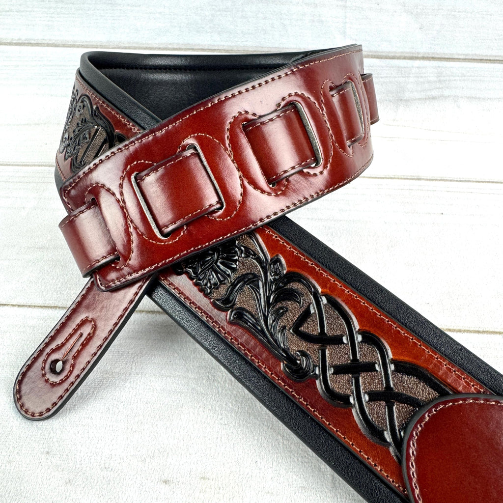 Whiskey Tan and Brown Full Grain Carving Leather Padded Guitar Strap C384