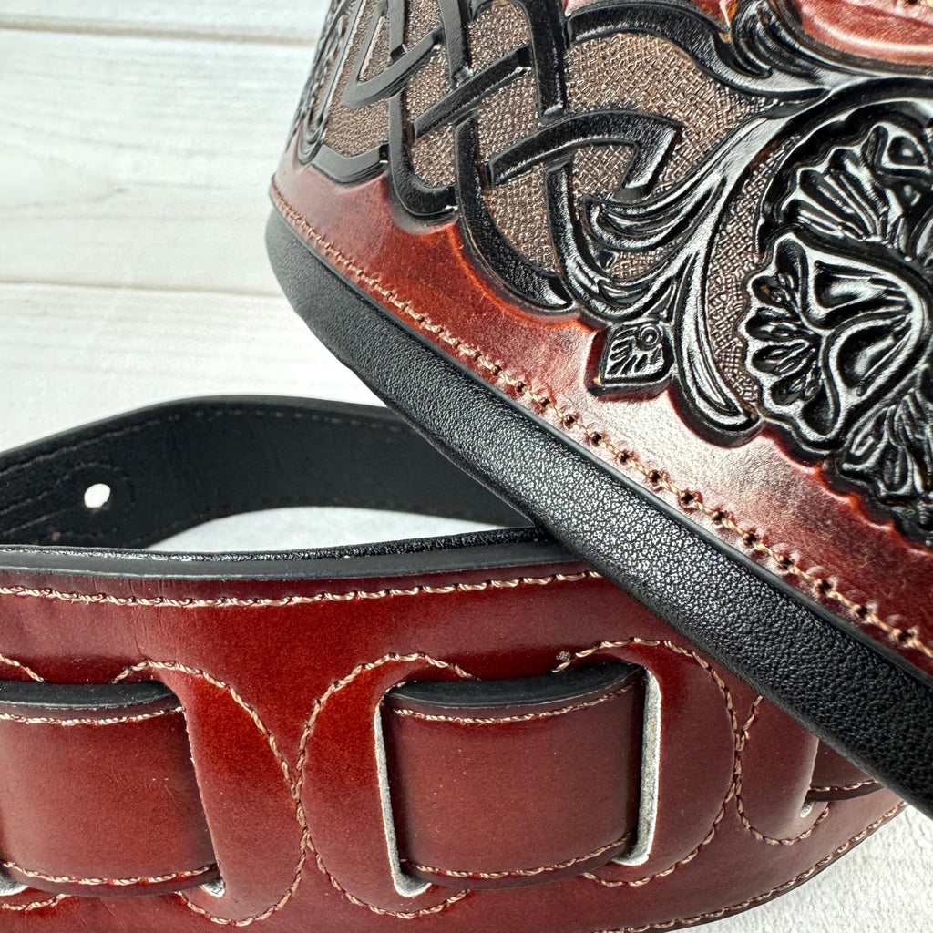 Whiskey Tan and Brown Full Grain Carving Leather Padded Guitar Strap C384