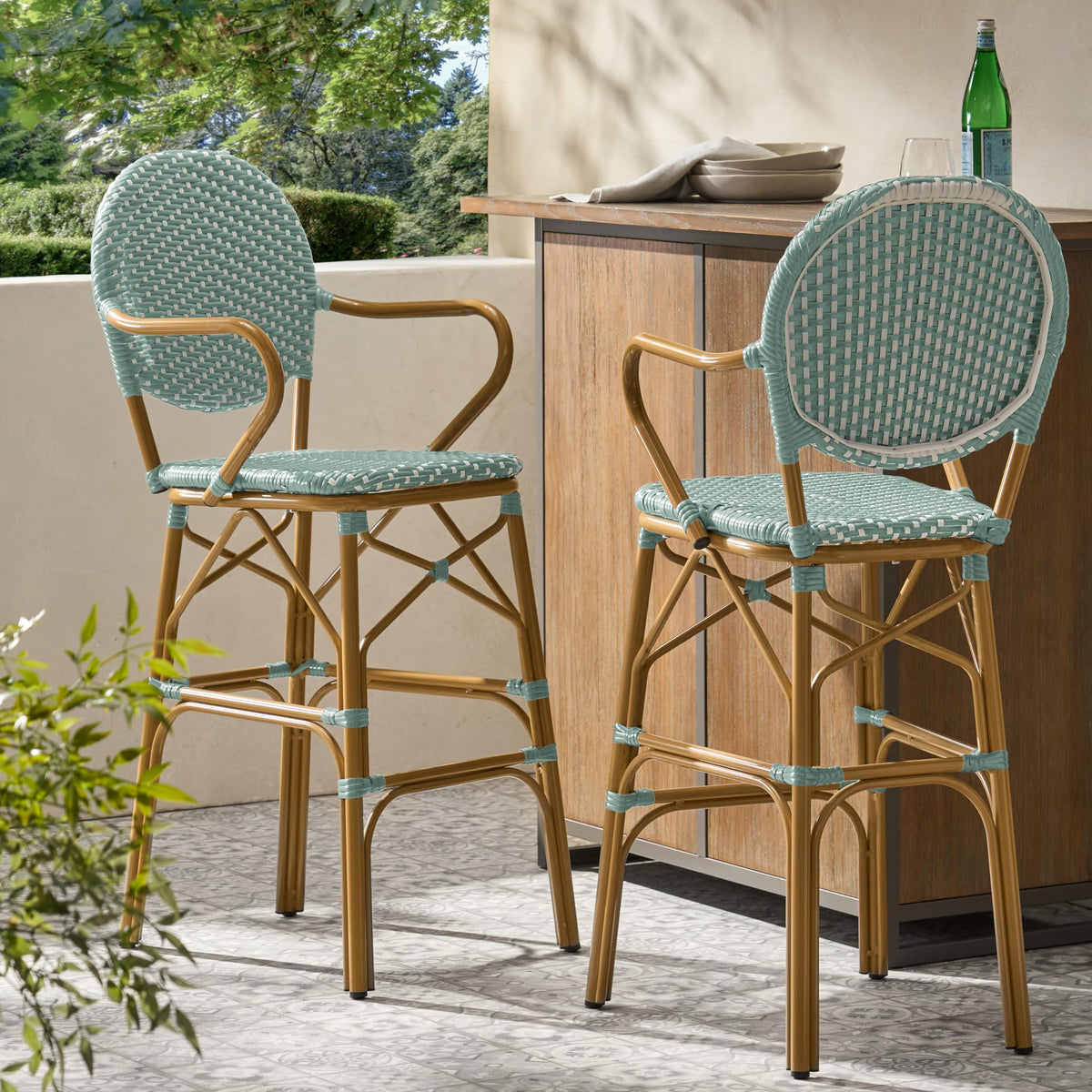 Teal Bamboo Print Wicker Aluminum Bar Stools Set of 2 I690