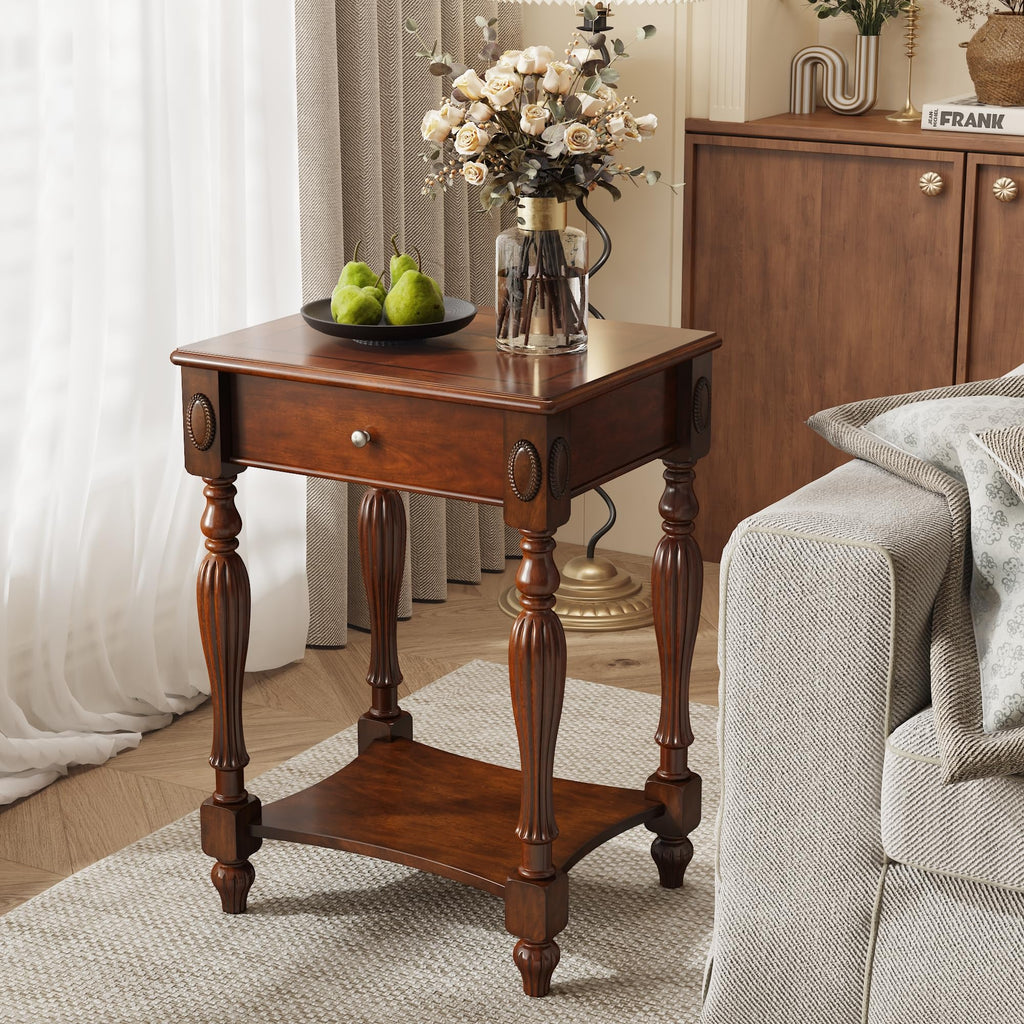 Solid Wood Side Table with Drawer, Cherry Walnut F223
