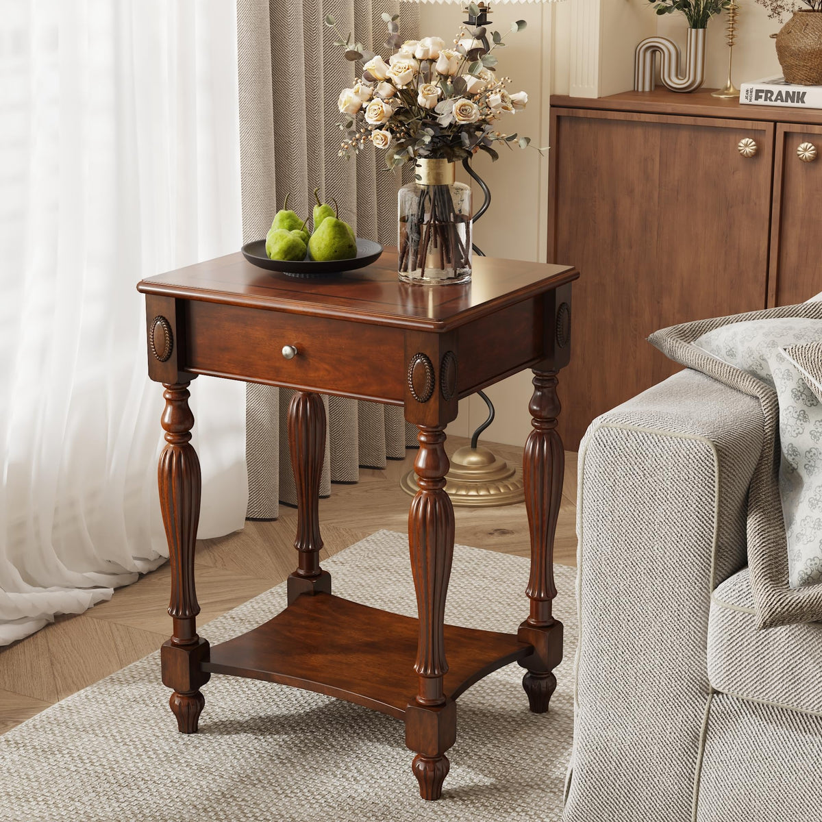 Solid Wood Side Table with Drawer, Cherry Walnut F223