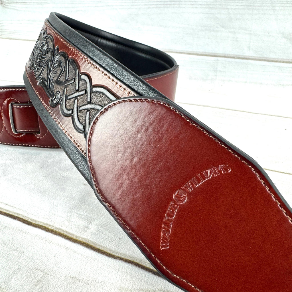 Whiskey Tan and Brown Full Grain Carving Leather Padded Guitar Strap C384