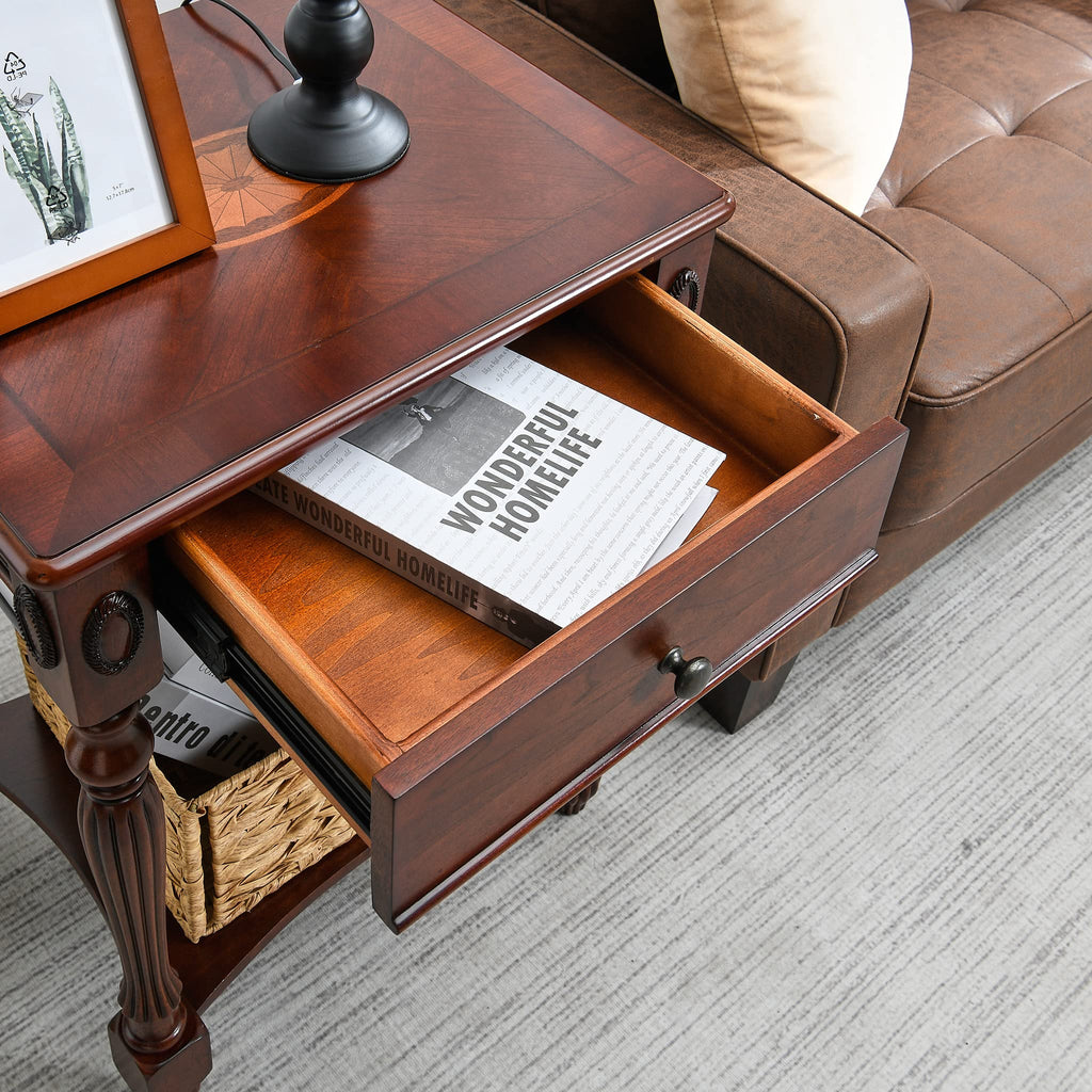 Solid Wood Side Table with Drawer, Cherry Walnut F223